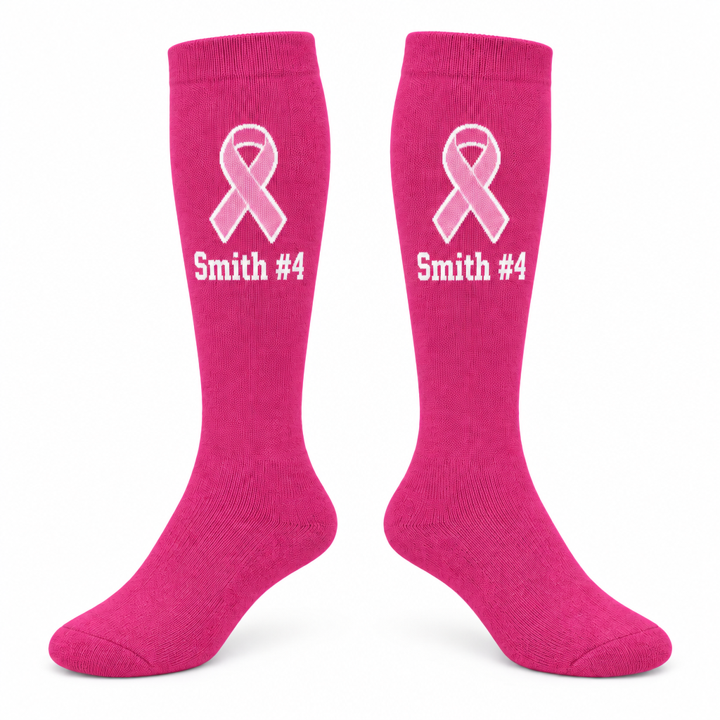 Pink sock pair with ribbon and Smith #4 positioned on the outside calf panels