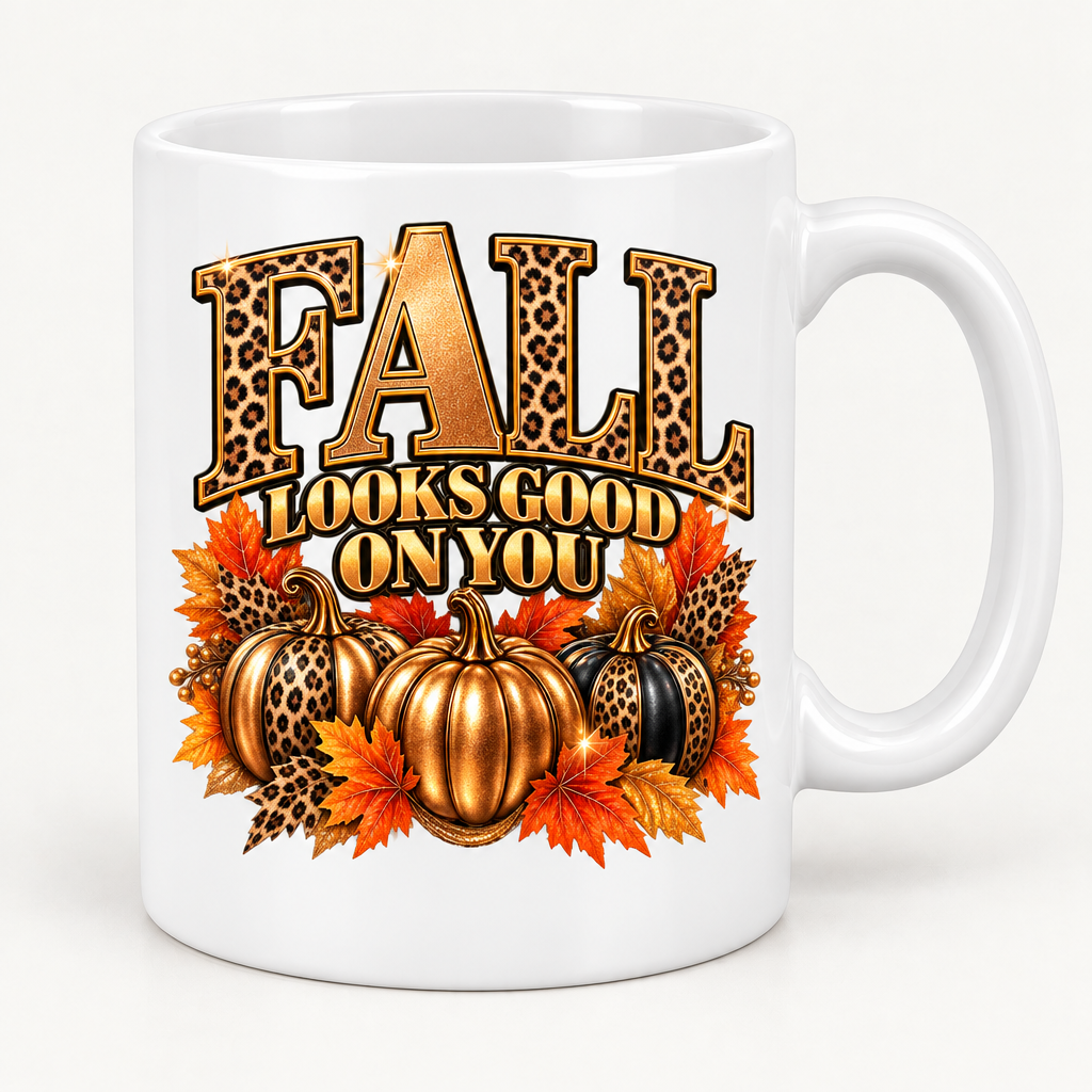 White coffee mug with Fall Looks Good on You artwork
