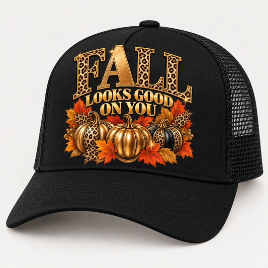 Black trucker hat with fall artwork