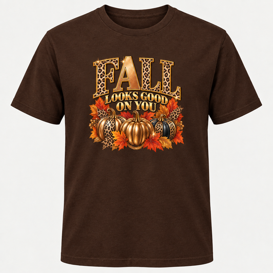 Chocolate brown T-shirt mockup with centered fall artwork