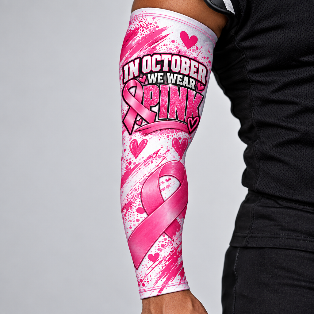 Close-up of the pink awareness arm sleeve on a football player