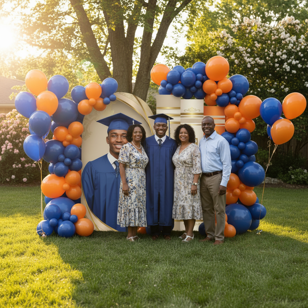 Custom Graduation Backdrop Set lifestyle scene showing both arched photo board and book board panels at a backyard graduation celebration