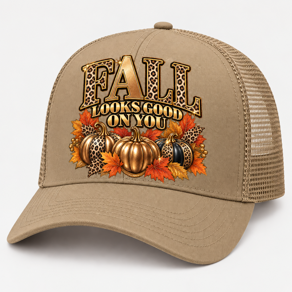 Khaki trucker hat with fall artwork