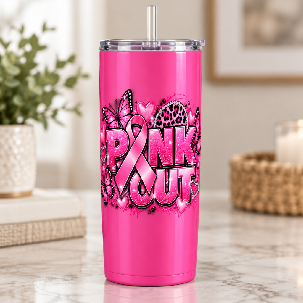 Pink Out design on a 30 oz straight pink tumbler