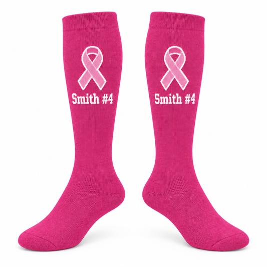 Pink sock pair with ribbon and Smith #4 positioned on the outside calf panels