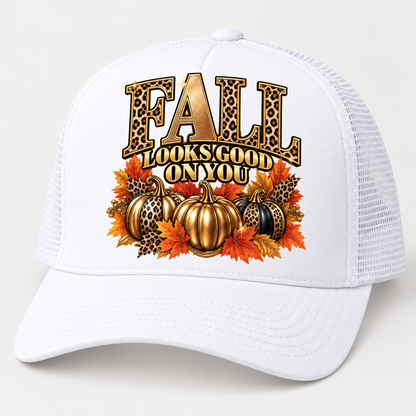 White trucker hat with fall artwork